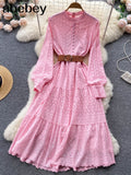 Autumn White/Green/Pink New Lace Embroidery Dress Women Long Sleeve Dresses Female Vintage Party Beach Maxi Long