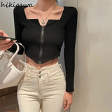 Blusas Mujer De Moda Crop Tops Korean Y2k Clothing Square Collar Long Sleeve Zipper T-shirts Women Sexy Fashion