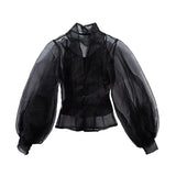 Hollow Out Shirt Female Stand Collar Lantern Sleeve Tunic High Waist Shirts 2020 Spring Fashion Large Size