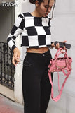 MODA Summer Women Sweet Fashion Check Print Cropped Blouses Vintage Long Sleeve Back Zipper Female Streewear Tops