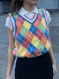 E-girl Women Rhombus Sweater V Neck Sleeveless Vest Blue Preppy Style Knitted Vests Plaid Soft Crop Top