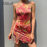 Print 2021 Backless Mini Sexy Dress Bodycon Halter Neck Off Shoulder Women Green Summer Party Dresses