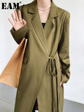 Women Green Bandage Big Size Long Blazer New Lapel Long Sleeve Loose Fit Jacket Fashion Tide Spring Autumn 2023