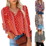 Women's Clothing 2025 Autumn And Winter New Broken Flower Printed Shirt V Collar Long-Sleeved T-Shirt Top