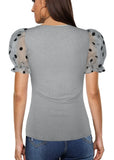 Sweet U-Neck Puff Sleeve Dot Print Regular