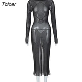 Mesh Sheer Sexy Backless Strappy Dress Summer Elegant Outfits for Women Long Sleeve Tulle Maxi Dresses