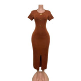Body-Stupling Short-Sleeved Bag Hip Dress Gold Metal Buckle Open-Fork Solid Color