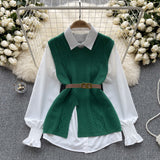 Style Suit Women's Casual Long-Sleeved Shirt + Waist V-Neckless Knitted Vest Two-Piece