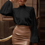 Women Fashion Satin Blouse Lantern Long Sleeve Shirts 2022 Autumn Elegant High Collar Casual Party Tunic Tops