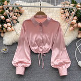 Women Korean Satin Blouse Turndown-Collar Puff Sleeve Single Breasted Slim Top Autumn Fashion Streetwear Short