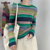 Rainbow Sweater Women Super Soft Stretchy Multicolor Striped Knit Striped Jumper Pullover Female Spring Autumn
