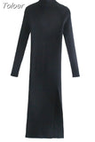 MODA 2023 Women Chic Fashion Front Slit Sheath Knit Midi Dress Vintage High Neck Long Sleeve Female Dresses Vestidos