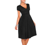 Women Dresses A-Line Solid Short Sleeve V-Neck Fit Clothing Robe Vintage 50s 60s Rockabilly Dress
