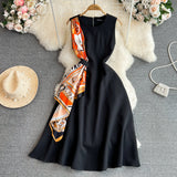 Summer Ripe Style Retro Temperament Sleeveless Round Recipient Waist Thin Sleeveless A Word Dress Elegant
