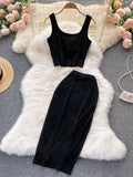 Summer Black/White Diamonds Dot Two Piece Set Women Sexy Square Collar Sleeveless Short Camis + Midi Bodycon Skirt Suit New