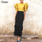 Office Lady Color Block Two Piece Set Women Fashion Puff Sleeve Shirt Top and Tassel Long Pencil Skirt Matching