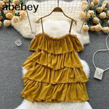 Spaghetti Strap Woman Dress Summer Solid Ruffles Off Shoulder Sundress Elegant Chiffon A-Line Beach Boho Dresses