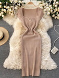 Spring Summer Dress Knitted Solid Sqaure Neck Sexy Bodycon Dresses for Women Stretch Vestidos Short Sleeve