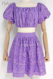 Casual Solid Cut Out Two Piece Suit For Women Square Collar Short Puff Sleeve Tops High Waist Mini Skirts Female Set
