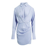 Ruched Irregular Dress For Women Lapel Long Sleeve High Waist Solid Minimalist Mini Dresses Female Autumn