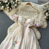 One-Word Shoulder-Scaring Dress Women's Summer Gentle Wind To Close The Waist Mashed Flowers Bubble Sleeve Yarn Fairy