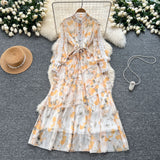 Dress Women 2025 New Fashion Collar Single Buckle Waist Lace Splicing Lotle Side Print