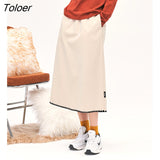 Women Skirt 2022 Winter A Line Elastic Waist Loose Embroidery Apricot Chic Casual Streetwear Midi
