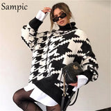 2020 Autumn Winter Turtleneck Long Sleeve Black Women Houndstooth Sweater Knitted Dress Party Sexy Mini Oversized