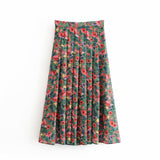 Elegant Vintage Green Long Skirt High Waist Print Skirt Seaside Holiday Pleated Skirt Split Elegant Floral Skirt
