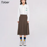Women Skirt 2022 Autumn A Line Back Waist Elastic All-match Brown Chic Casual Streetwear Midi Pleated