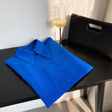 Pointed Collar Button Up Shirt Klein Blue / White / Khaki Women's Spring 2022