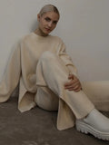 Sweater 2 Piece Set Women Loose O-Neck Knit Pullovers+Wide Legs Pants Sets 2022 Oversized Solid Slit Knitted