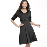 Women Dresses A-Line Solid Short Sleeve V-Neck Fit Clothing Robe Vintage 50s 60s Rockabilly Dress