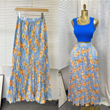 Tight Waist High Waist Crums Sweet A-Shaped Skirt Women's Long Print 100-Fold