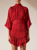Vintage Fold Dress Long Lantern Sleeve Turtleneck High Waist Slim Summer Dresses Women Fashion Clothes 2023