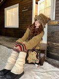 Brown V-neck Letter Print Oversize Sweater-Outfit