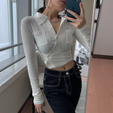 Korean Style Sexy Slim Mint Green Shirt Women Ribbed Irregular Crop Top Autumn Fashion Designer Clothes Ladies