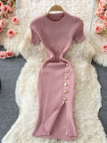 Version Of The Solid Color Collar Buckle Body Short Sleeve Elastic Knitted Forked And Left-Sleeved Dress
