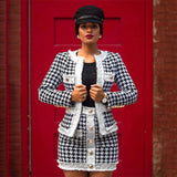 2022 Autumn Women'S Houndstooth Tweed 2 Piece Sets Of Sexy Long-Sleeved Round Neck Button Coat + Short Pencil Skirt Party