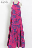 Halter Pullover Dress For Women Stand Collar Sleeveless Loose Waist Hit Color Print Long Dresses Female Clothing Style