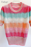 Summer New Contrast Color Striped Short Sleeve Sweater Women Knit Cardigan Y2K Casual Hollow Out V-Neck Knitwear Top