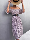 Sweet Square Collar Puff Sleeves Leopard Print Fit and Flare Holiday