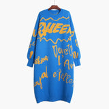 Women Printed Big Size Long Knitting Dress New Round Neck Long Sleeve Loose Fit Fashion Tide Autumn Winter 2022