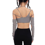 Kpop Irregular Women's T-shirt with Long Sleeves Summer Halter Backless Hollow Out Sexy Solid Crop Top Korean