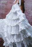 Elegant Patchwork Ruffles White Dress For Women Off Shoulder Sleeveless Oversized Dresses Female Fashion Clothes