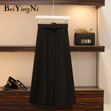 Women Pleated Midi Skirt High Waist Belt Korean Plus Size Spring Summer 2020 Casual Elegant Skirts Ladies Fashion