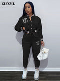 & Biker Letter Print Women's Sets Jogging Suits for Women Long Sleeve Button Up Baseball Coat and Sportswear Pant