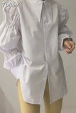 Women Blouse Chic High Street Tops Korean Vintage Turn-down Collar Loose Long Blusas Mujer Puff Sleeve White Shirt