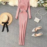 Women Autumn Knitted Dress V Neck Sexy Slim Elastic Oversized Basic Bodycon Long Dress Winter knit Warm Sweater