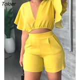 Piece Sets Womens Outifits Summer Lounge V-Neck Flutter Sleeve Crop Top & Shorts Set Fashion Multicolor Casual